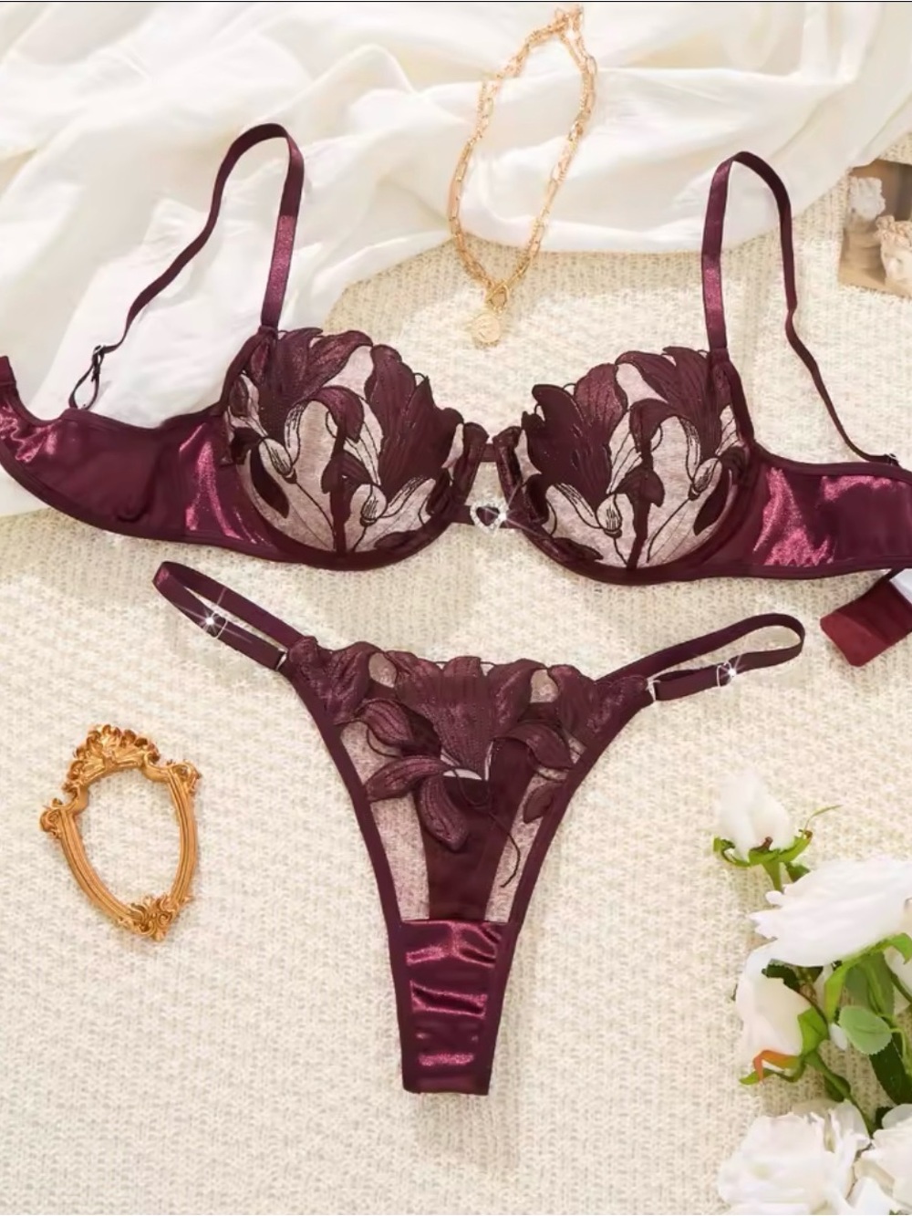 🌿 Burgundy Bra and Thong Set
